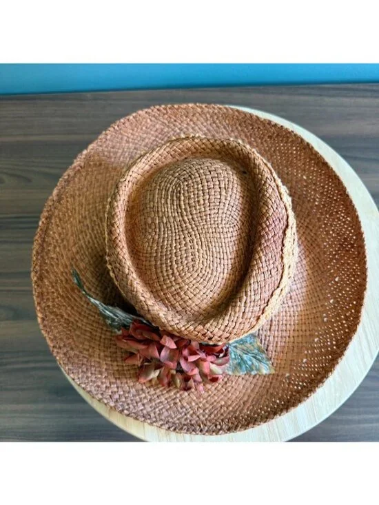 Vintage 1990s Womens Woven Straw Hat W/ Crochet Band & Faux Sunflower 22.5" or L - Picture 6 of 10